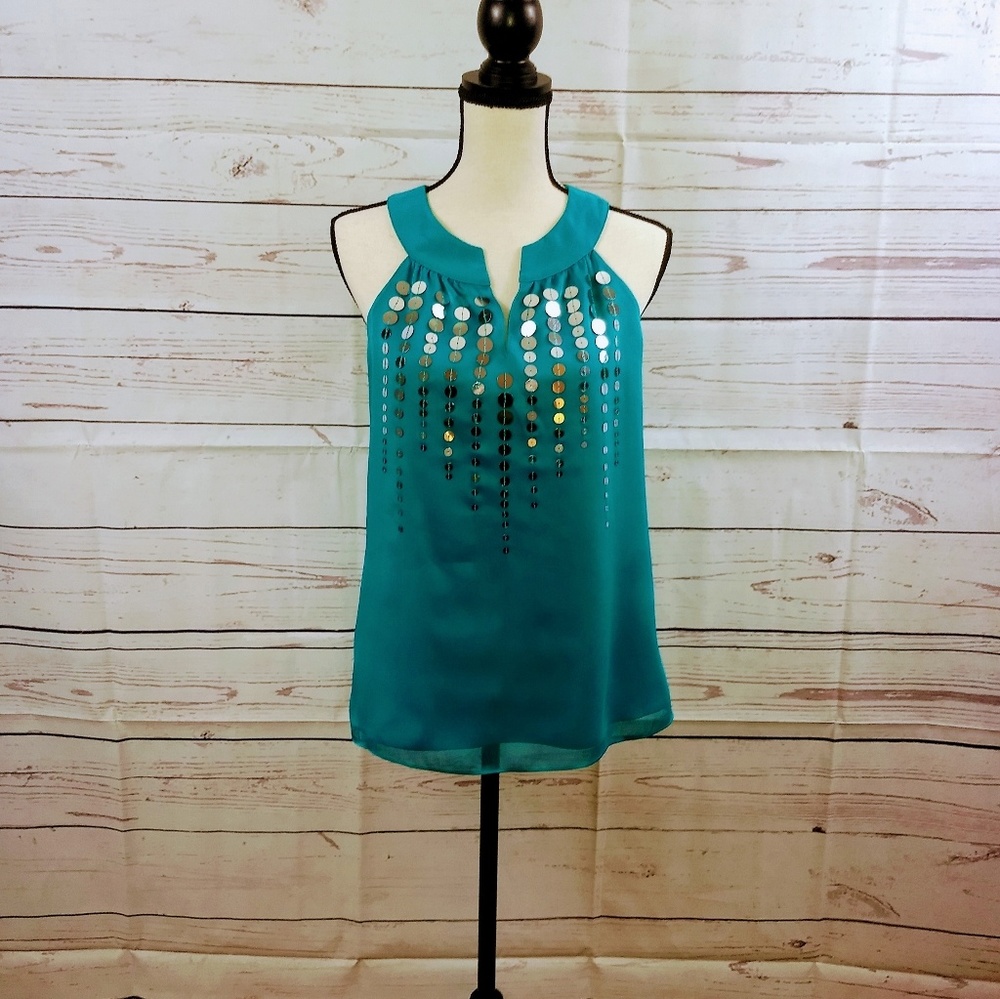 The Limited Teal Sequined Sleeveless Party Blouse